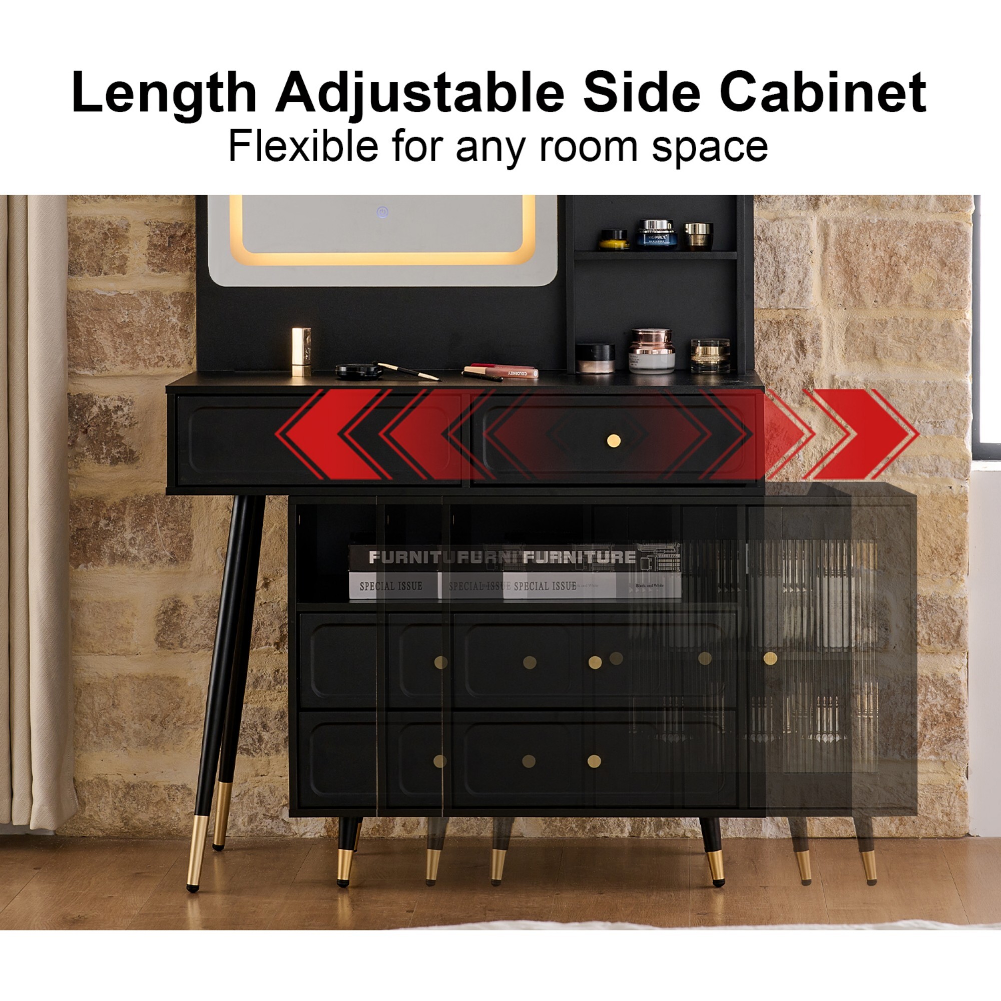 AENKYO Vanity Desk with LED Mirror, Built-in Outlets & Adjustable Cabinet, Modern Makeup Table with Stool, Black