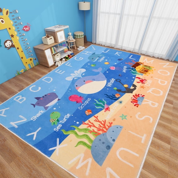 AKASISRUG Kids Rugs for Playroom,110.2"X78.7" ABC Alphabet Whale Kids Rug,Non-Slip Ocean Kids Rug Play Mat,Washable Educational Classroom Rug Kids Area Carpet for Kids Room Bedroom Nursery Playroom