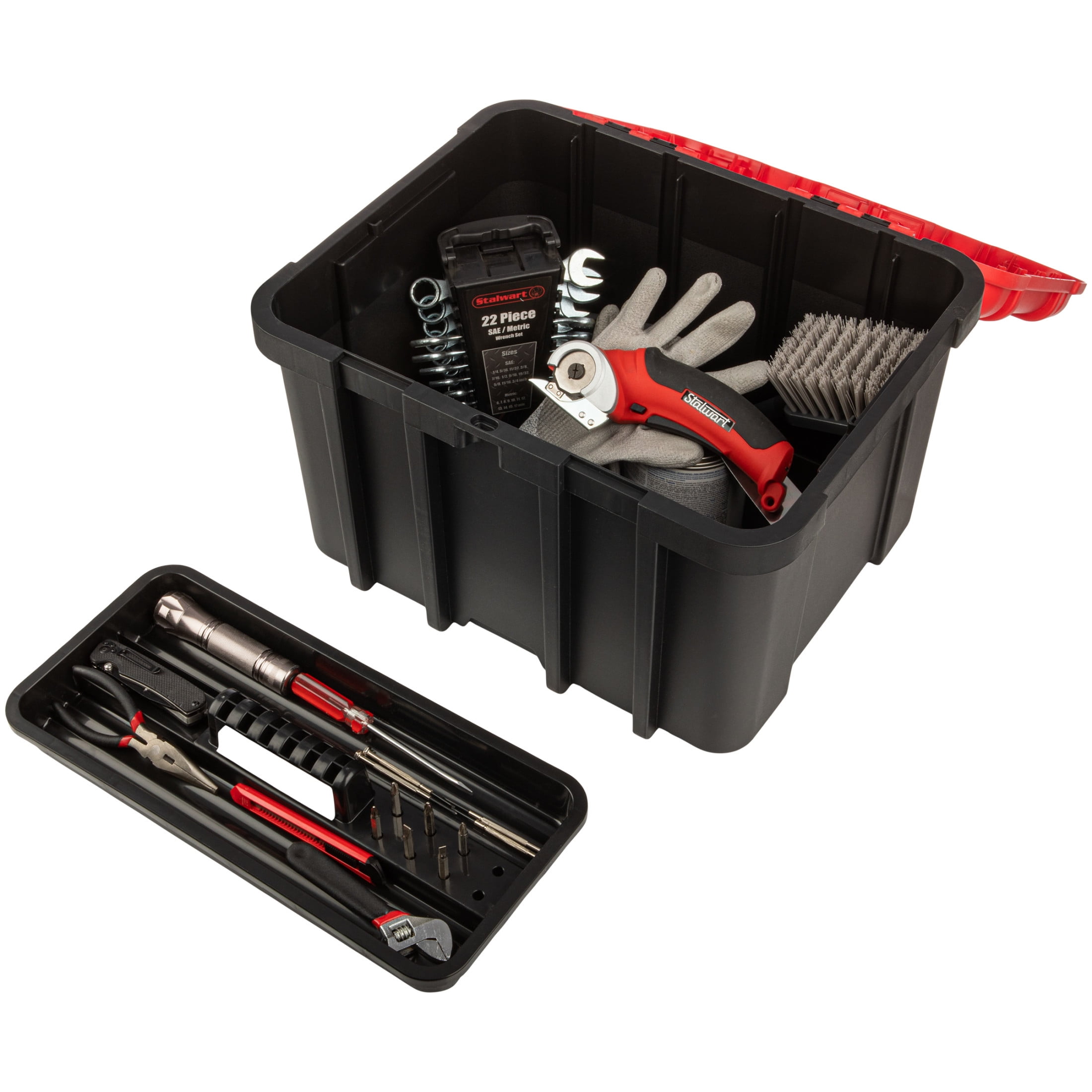 Stalwart Plastic Tool Box Organizer - 18.7” Extra Large Portable Toolbox with Removable Tray, Red