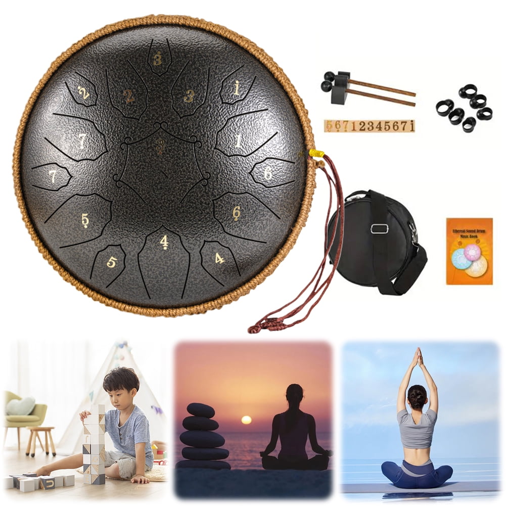 Steel Tongue Drum 15 Note 12 Inch Percussion Instrument Handpan Drum C Key for Meditation Entertainment Concert Yoga with Travel Bag, Mallets, Music Book (Sand Color)