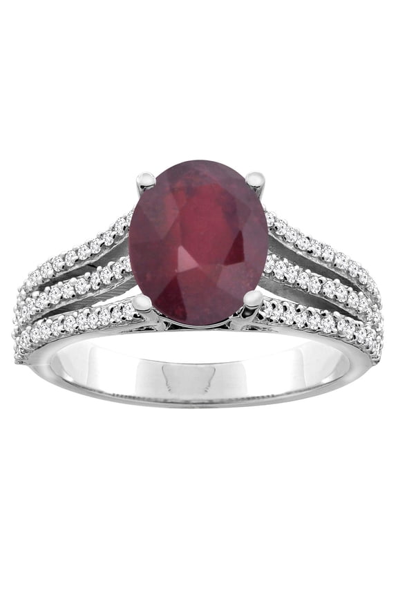 14K White Gold Natural High Quality Ruby Tri-split Ring Oval 9x7mm Diamond Accents, size 5
