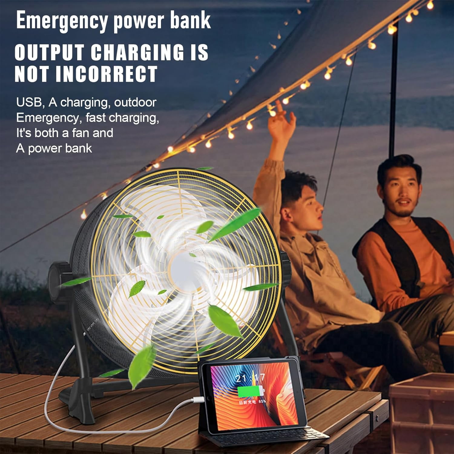 Large Rechargeable Battery Powered Fan,12'' Portable Battery Operated Fan,20000 mAh Cordless Floor Camping Fan for Outdoor,DC 24V,6-32 Longer Running Time, High-Velocity 5.8 m/s (Black&Yellow)