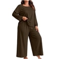 thumbnail image 2 of Hzzrkos Women Casual Plus Size Loose Solid Color Round Neck Long Sleeve Two Piece Wide Leg Loungewear Pajama Set, Soft Relaxed Sleepwear Outfit For Indoor Daily Rest Brown XXXL, 2 of 7