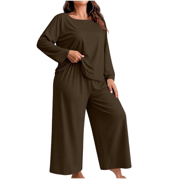 Cmfcve Womens Plus Size 2 Piece Pajama Sets Long Sleeve Tops & Wide Leg Pants Fall Loungewear Set
