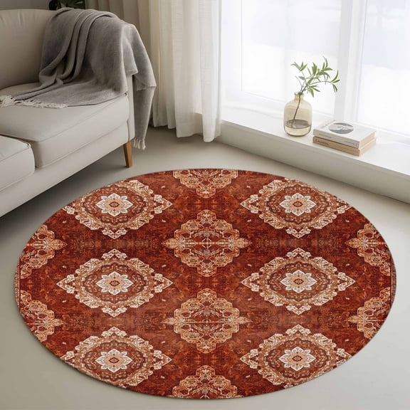 Round Rugs 3.3Ft, Vintage Brown Round Area Rug Washable Indoor Throw Carpet, Boho Ethnic Geometric Abstract Art Southwestern Soft Non Slip Circle Rug for Laundry Room Patio Home Decor Aesthetic