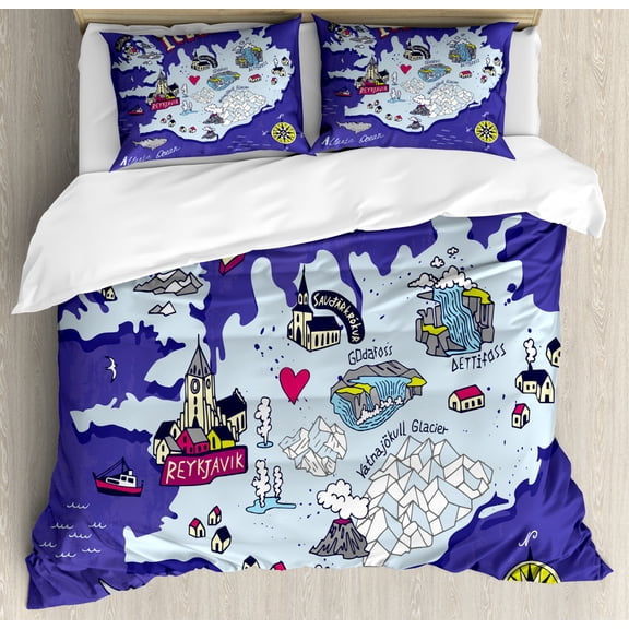 Iceland Duvet Cover Set King Size, Doodle Style Icelandic Elements and Typography with a Map Layout Atlantic Ocean, Decorative 3 Piece Bedding Set with 2 Pillow Shams, Multicolor, by Ambesonne