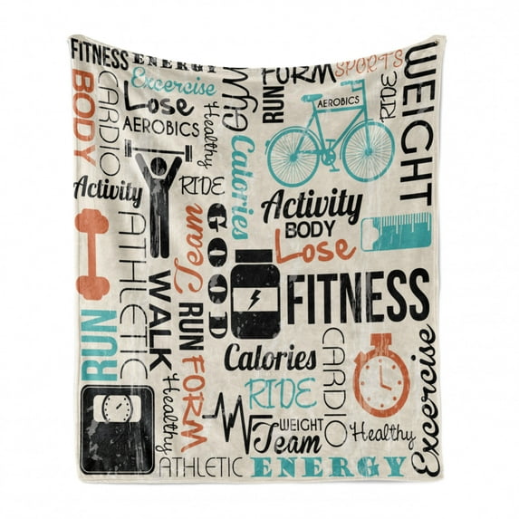 Fitness Soft Flannel Fleece Throw Blanket, Healthy and Active Life Concept Exercising Sports Text Grunge Effect Gym Concept, Cozy Plush for Indoor and Outdoor Use, 50" x 70", Multicolor, by Ambesonne