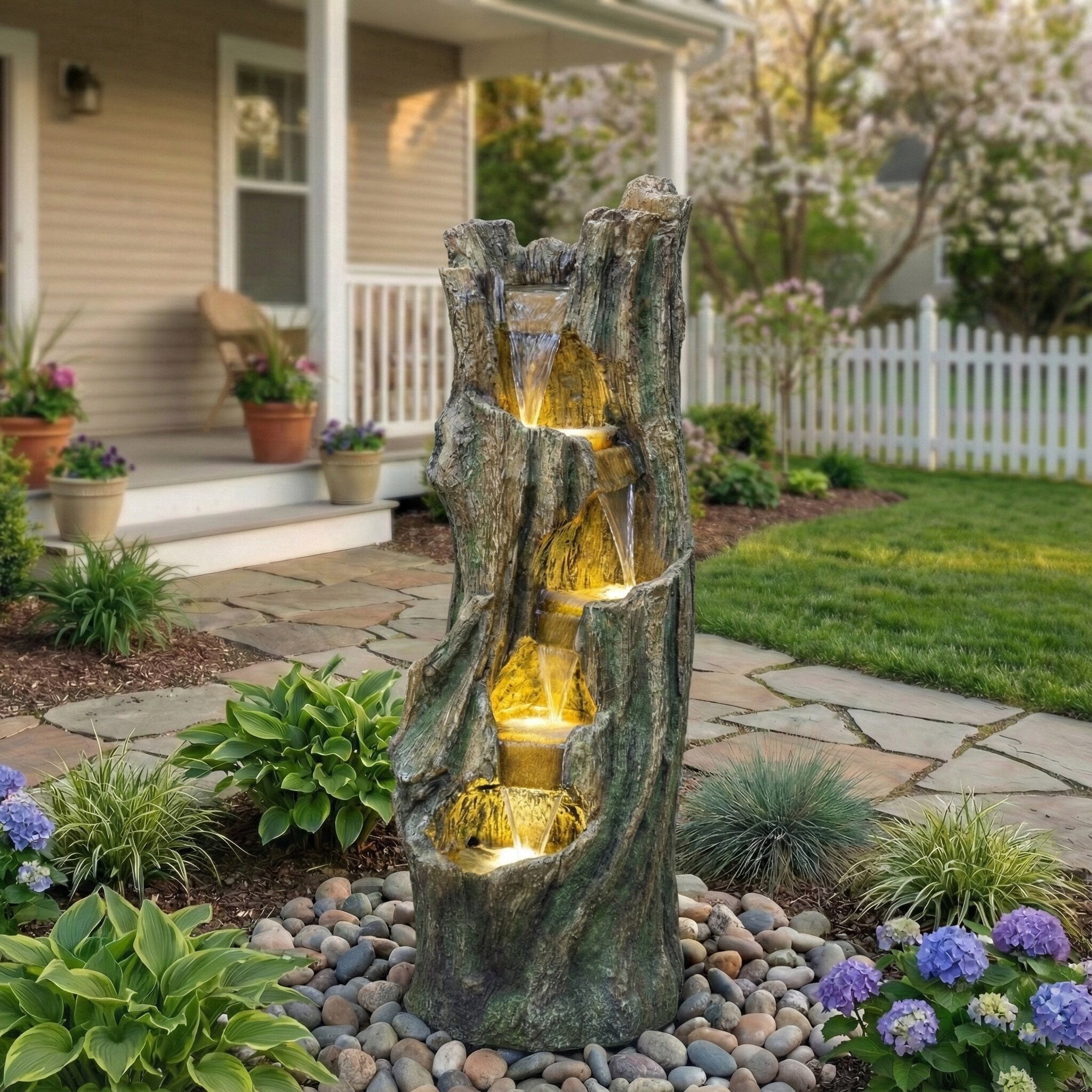 Kaluomm 39" Outdoor Waterfall Fountain with LED Lights Rockery Water Fountains for Garden Patio Porch Lawn Backyard, Gray