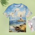 thumbnail image 4 of Lighthouse Sunrise Coast Scenery Pale Blue Tan Women's T-Shirt Short Sleeve T Shirts Tops Tee Ladies Loose T, 4 of 6