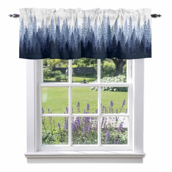 Navy Blue Ombre Kitchen Curtain Valances for Windows Farmhouse Short Curtains, Primeval Forest Modern Abstract Art Aesthetics Rod Pocket Valance Curtain for Bedroom Cafe Living Room 54"x18"
