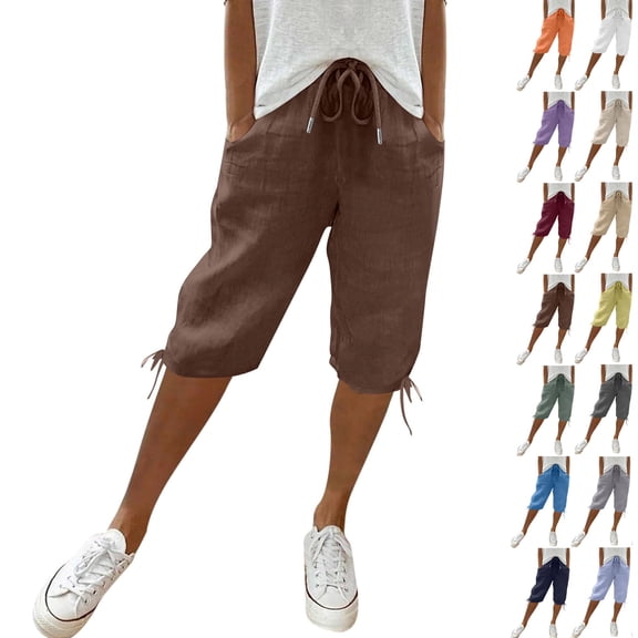 Bermuda Shorts for Women Length Drawstring Elastic Waist Linen Shorts Casual Summer Pedal Pushers with Pockets,Brown L