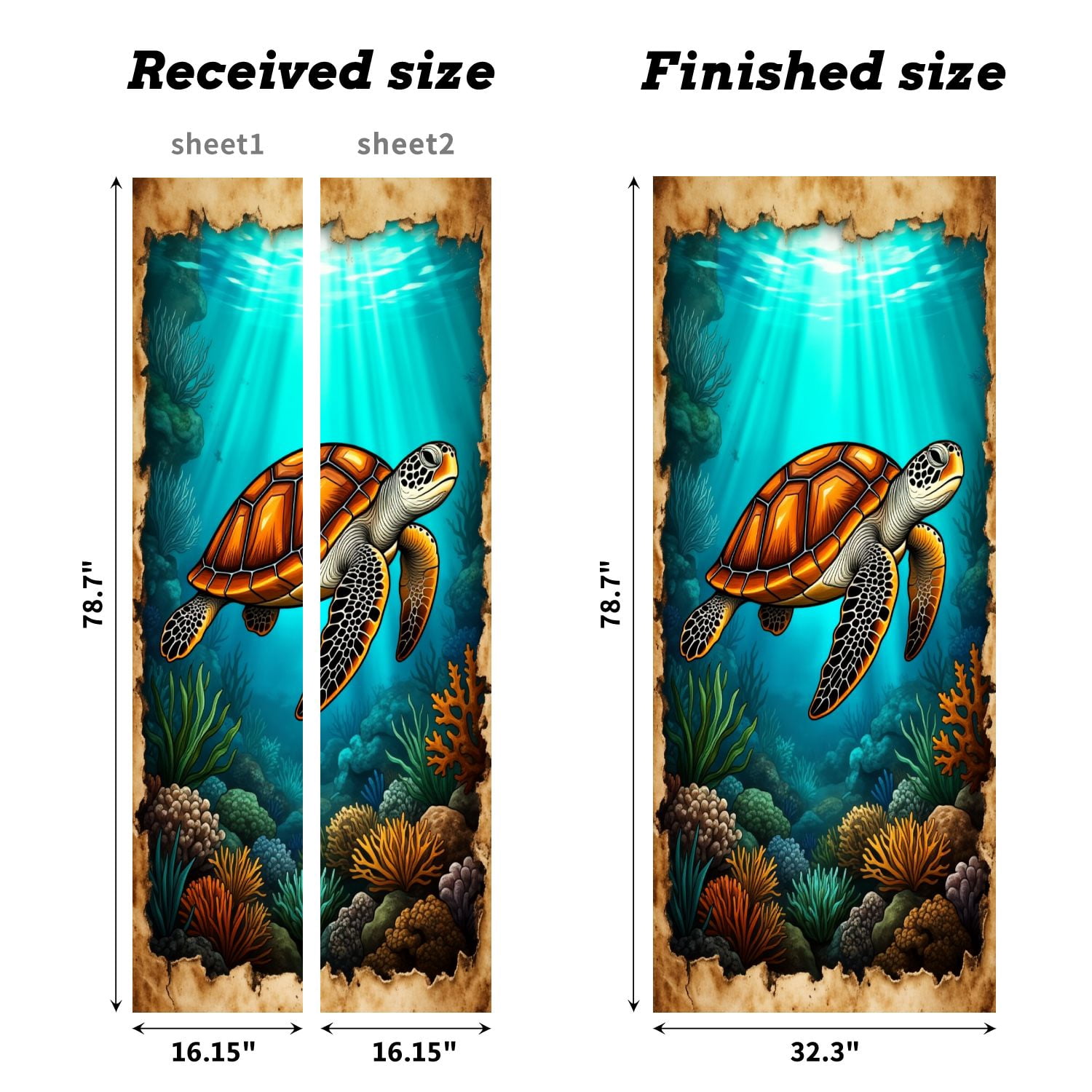 Self Adhesive Vinyl Refrigerator Wrap Set Intricate Sea Turtle Sketch Vintage Parchment Door Mural Removable Fridge Sticker Peel and Stick&nbsp;Full Door Cover Decal Kitchen Bar Decor