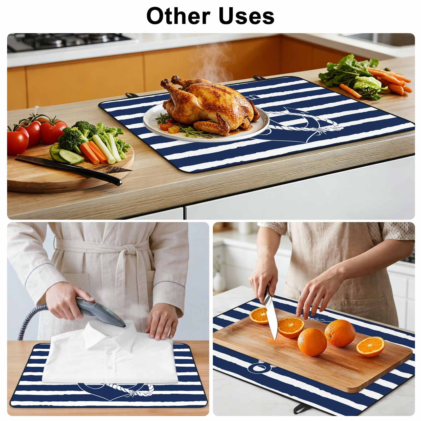 Navy Blue Anchor Nautical Stove Top Cover for Electric Stove, Heat-proof & Non Slip Glass Top Stove Cover Protector, Navy Blue Striped Farmhouse Kitchen Flat Cooktop Rubber Mat 24x21 Inches