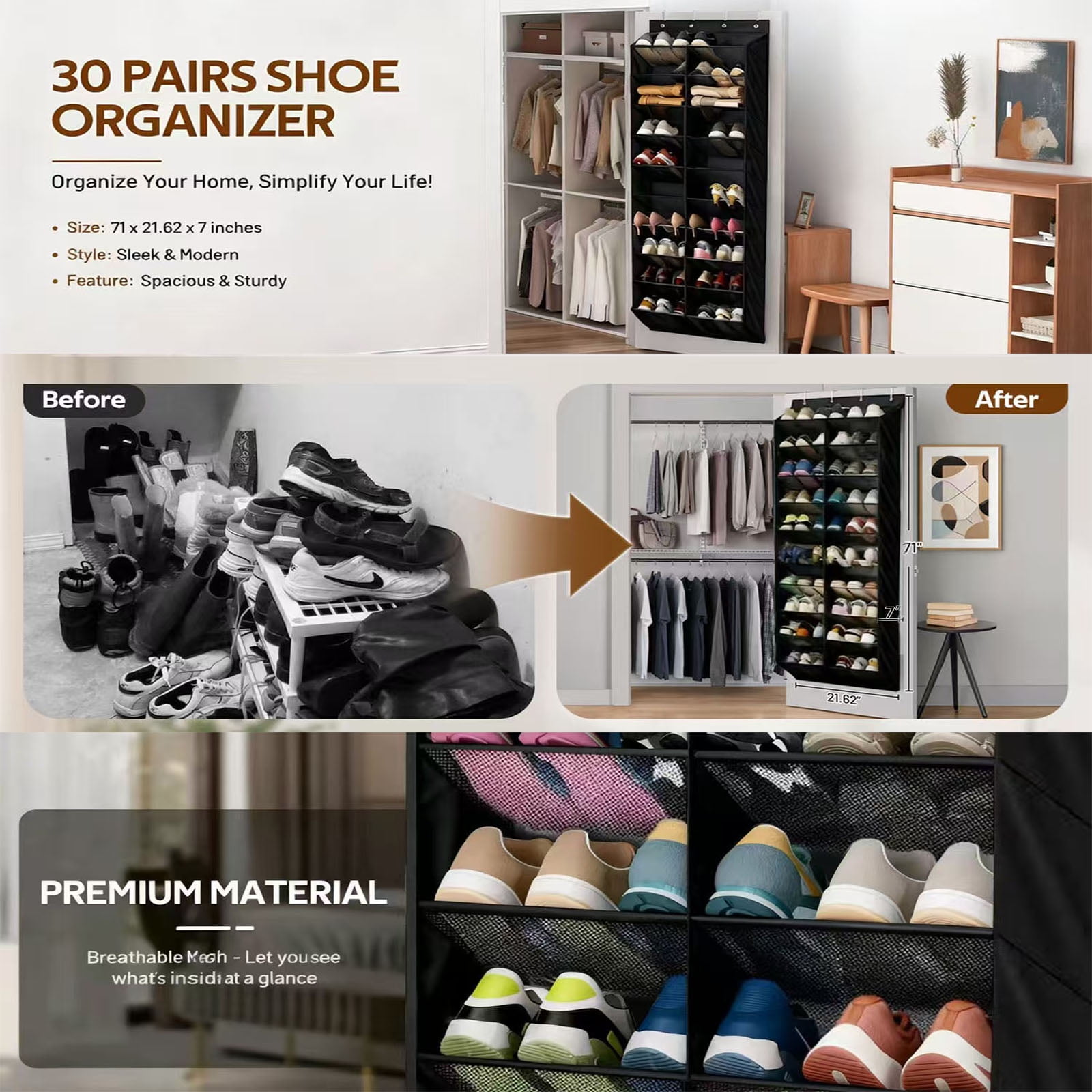 Meikd 30-Pair 10-Tier No-Drill Door-Hanging Shoe Storage Box, Durable Breathable Mesh Rack, Suitable for the Whole Family's Sneakers, Boots, Heels, and Dress Shoes