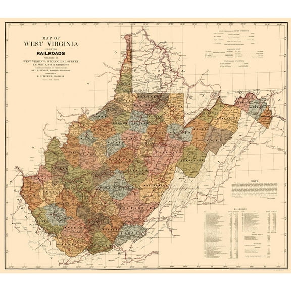 Railroad Map - West Virginia Railroads - White 1917 - Vintage Wall Art