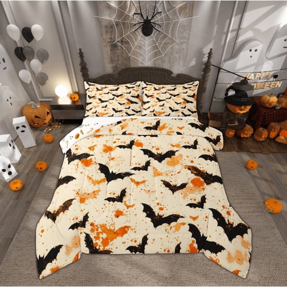 Feelyou Gothic Bat Full Size Comforter Sets, Happy Halloween Bedding Comforter Set, Orange Watercolor Reversible Bedding Sets, Breathable Home Decor,3 Pieces