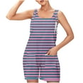 thumbnail image 5 of Women Summer Loose Romper Casual Striped Print Short Jumpsuit with Pocket Comfy Tie Shoulder Wide Leg Workout Outfits, Pink, XL, 5 of 5