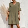 thumbnail image 6 of iOPQO Women's Casual Dresses Boho Dress Womens 3/4 Puff Sleeves Ruffle Dress V Neck Solid Pleated Dresses Fall Dresses Army Green M, 6 of 7