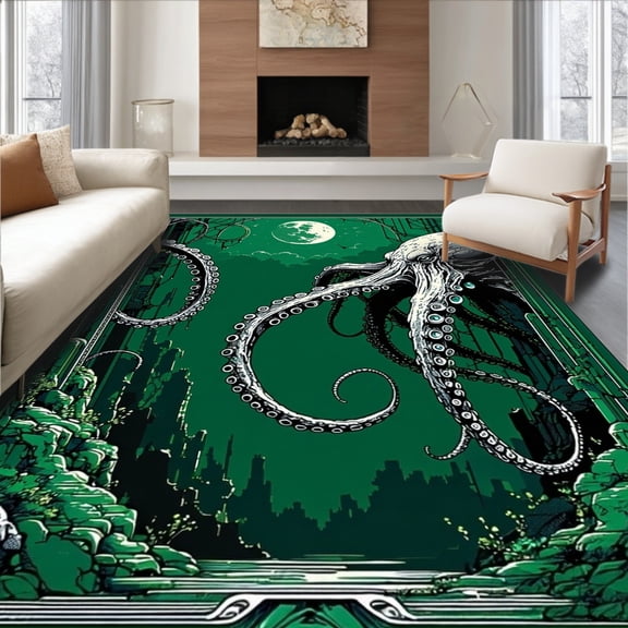 ODIKA 4'x6' Machine Washable Non-Slip Area Rug, Sculptural Cthulhu Tentacle High Traffic Rug, Green, 94243