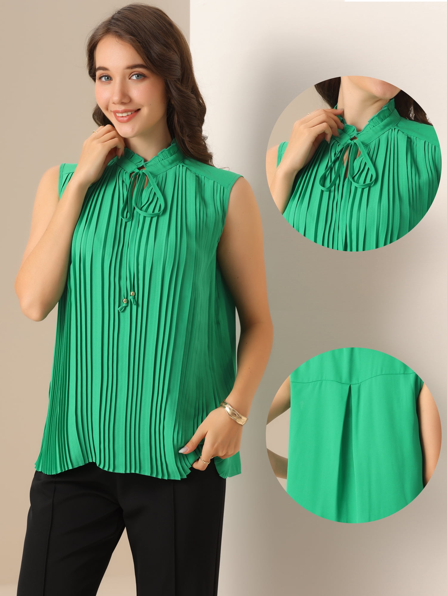 DARING DIVA Women's Sleeveless Tie Neckline Pleated Blouse XL Green