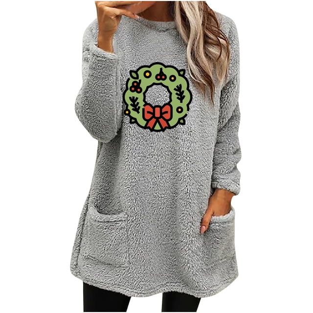 Timegard Tops for Women Fall Winter Fleece Linend Christmas Print Long Sleeve Thick Pullover with Pockets