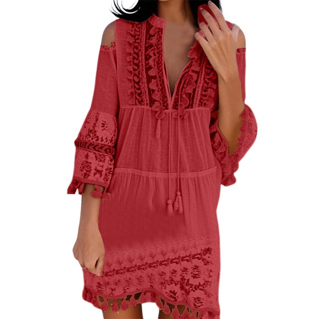 Vestido de encaje con cuello en V y hombros descubiertos para mujer - Vacaciones de verano en la playa - Cordón ajustable - Tejido de encaje - Tallas S-XXXXXL