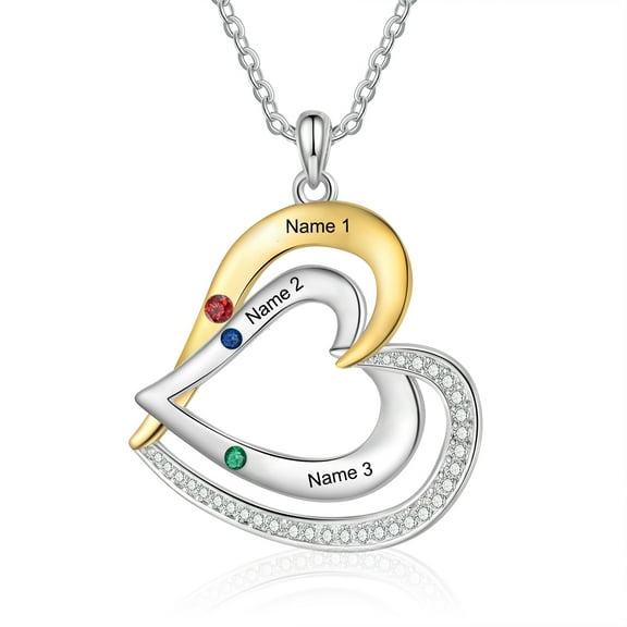 Mementos Personalized Heart Family Necklace for Women Sterling Silver with 3 Birthstones and Names