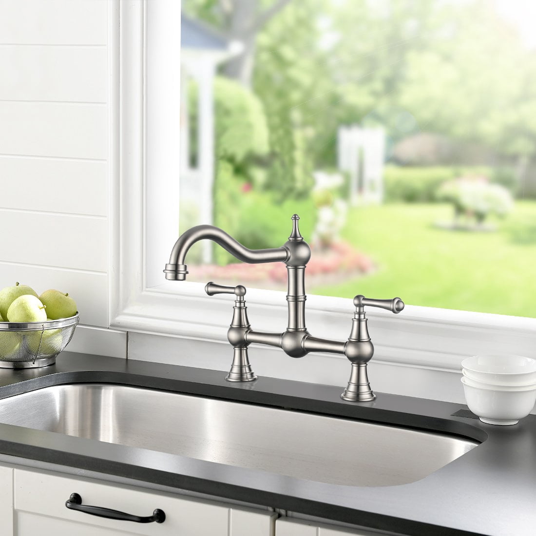 Wowow 8 inch Centerset Bridge Kitchen Faucet, 2-Hole 2-Handle Deck-Mount Faucets,Brushed Nickel