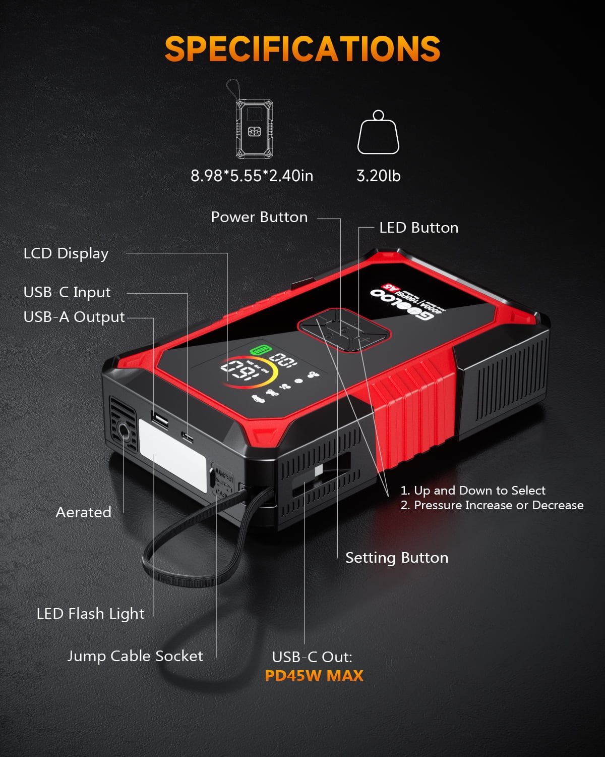 GOOLOO A5 Jump Starter with Air Compressor, 4000A Car Battery Jump Starter for All Gas & 10.0L Diesel Engines, 45W PD Fast Charging, Portable 12V Jump Box with 160 PSI Tire Inflator Auto Shut-Off