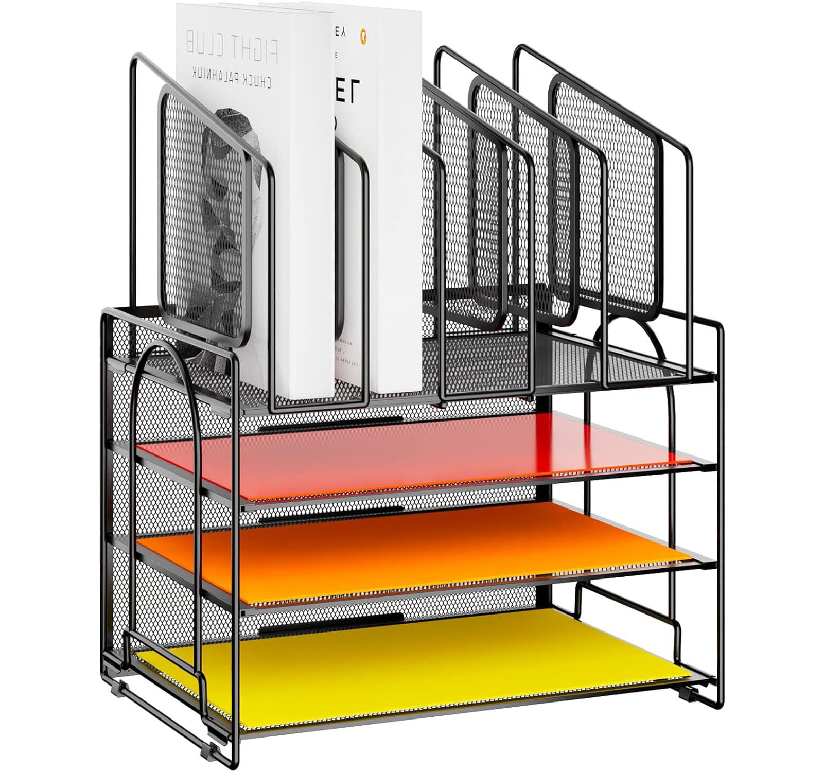 Marbrasse 4-Tier Mesh Desk File Organizer,5 Vertical File Holder and Handle for Home Office (New Vertical Holder-Black)