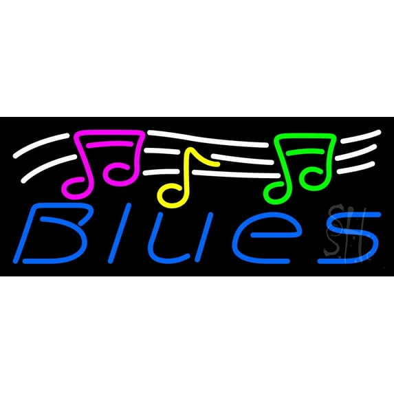 Blues With Musical Note 1 LED Neon Sign 10" Tall x 24" Wide - inches Black Square Cut Acrylic Backing, with Dimmer - Premium built indoor Sign for Studio, Club, Décor, Event, Storefront.