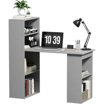 Hyxoo Modern Home Office Desk with 6-Tier Storage Shelves, 47" Writing Desk with Bookshelf, Gray