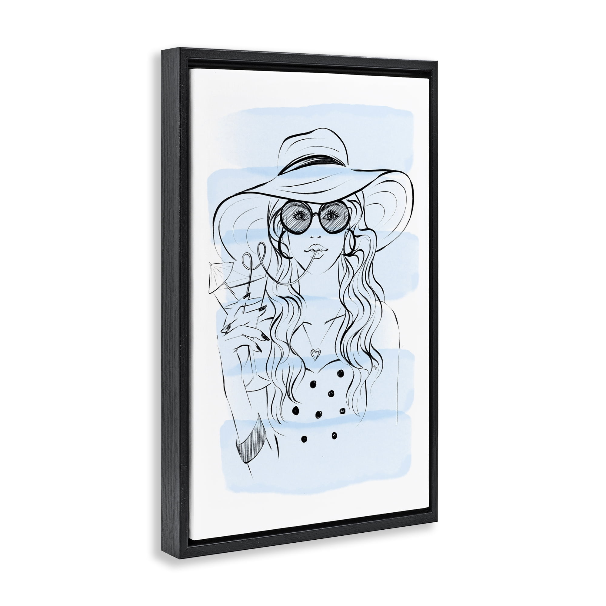 Stupell Industries Sipping Drink Girl in Sun Hat Black Framed Floater Canvas Wall Art, design by Martina Pavlova