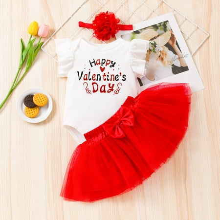 

Ruidigrace Toddler Girls Valentine s Day Fly Sleeve Letter Prints Romper Bow Tie Net Yarn Short Skirts Kids Headbands Outfits
