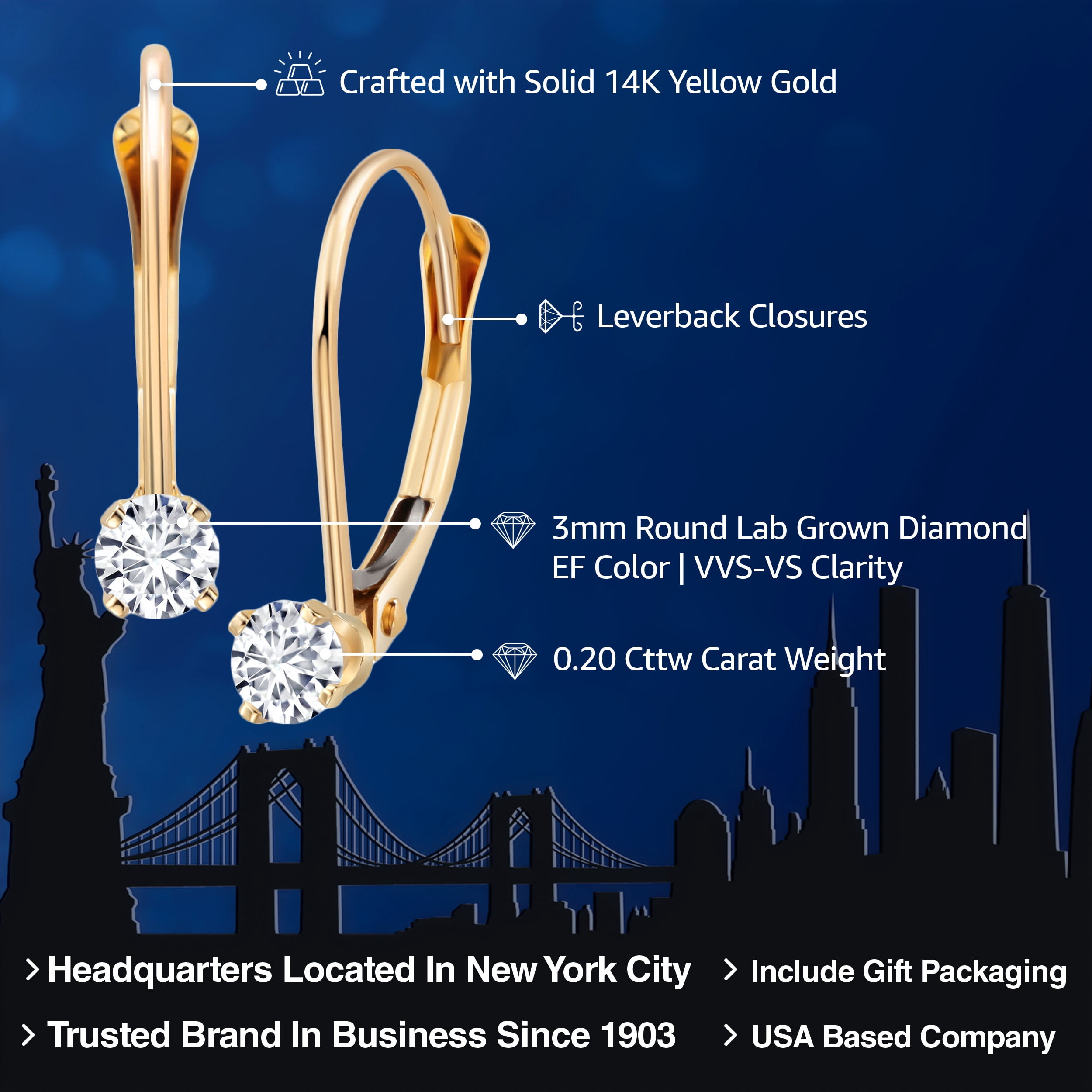 Gem Stone King 14K Yellow Gold Lab Grown Diamond Leverback Drop Dangle Earring | 0.20 Cttw | April Birthstone | Round 3MM | E-F Color | VVS-VS Clarity | Gold Earrings for Women