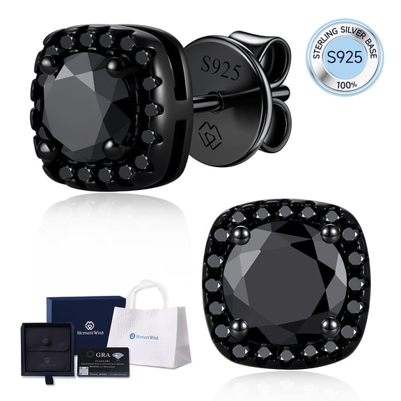 MomentWish 1 Carat Black Moissanite Stud Earrings 925 Sterling Silver Halo Earrings Jewelry Gifts for Men Women