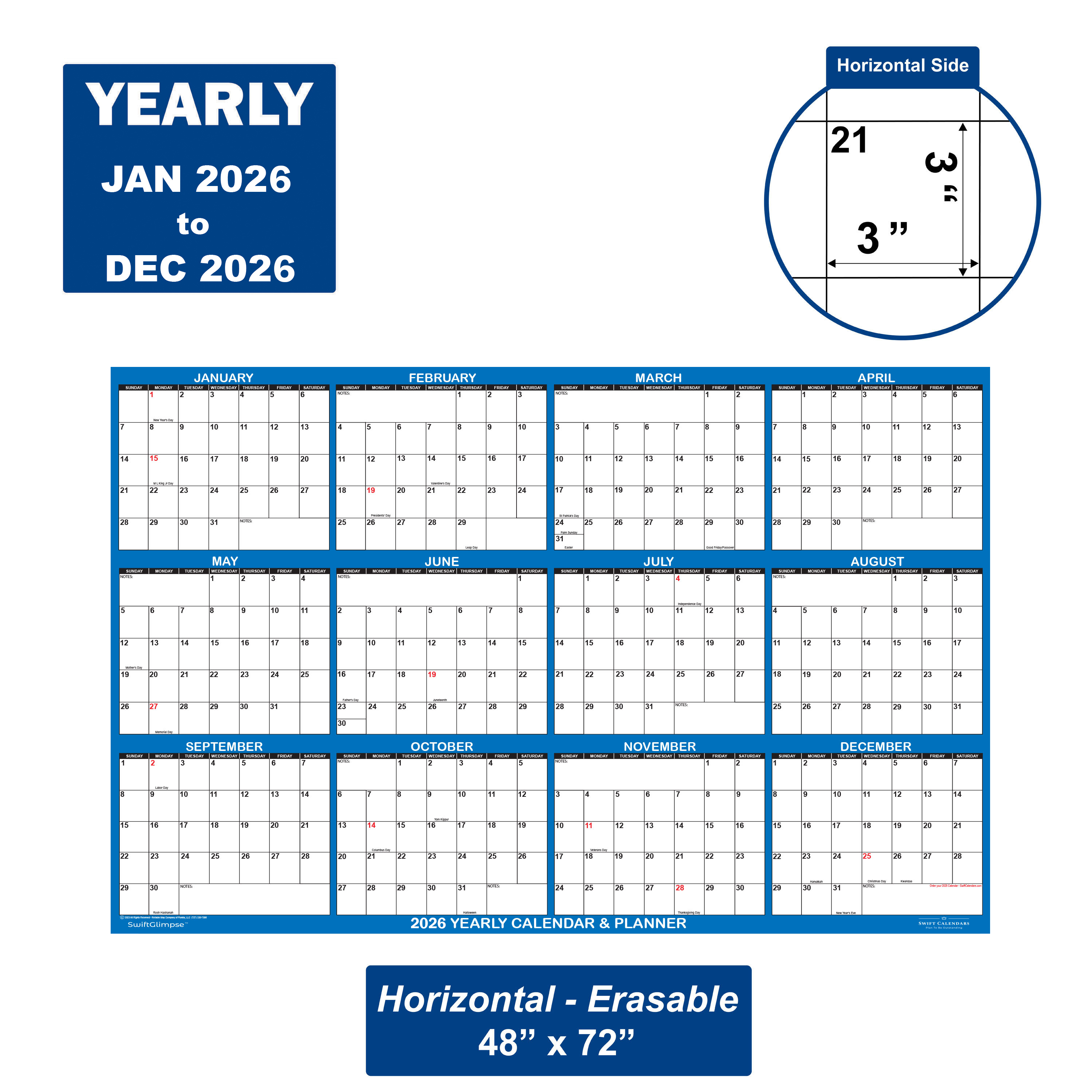 SwiftGlimpse 48" x 72" Yearly 2026 Wall Calendar, Erasable, Reversible, Horizontal-Vertical, Navy