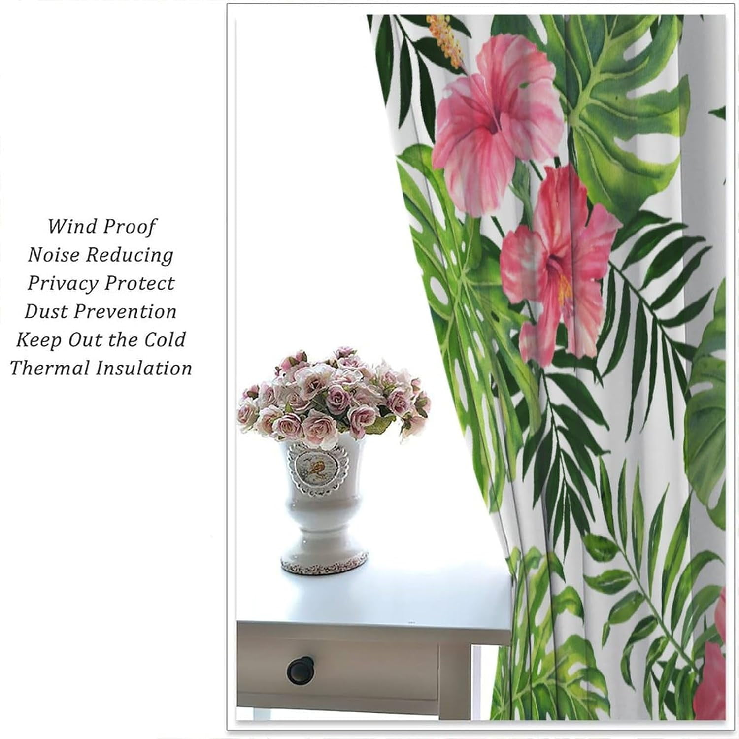 Tropical Floral Curtain Green Plant Nature Blackout Print Rod Pocket Window Drapes for Bedroom Living Room 42x63in