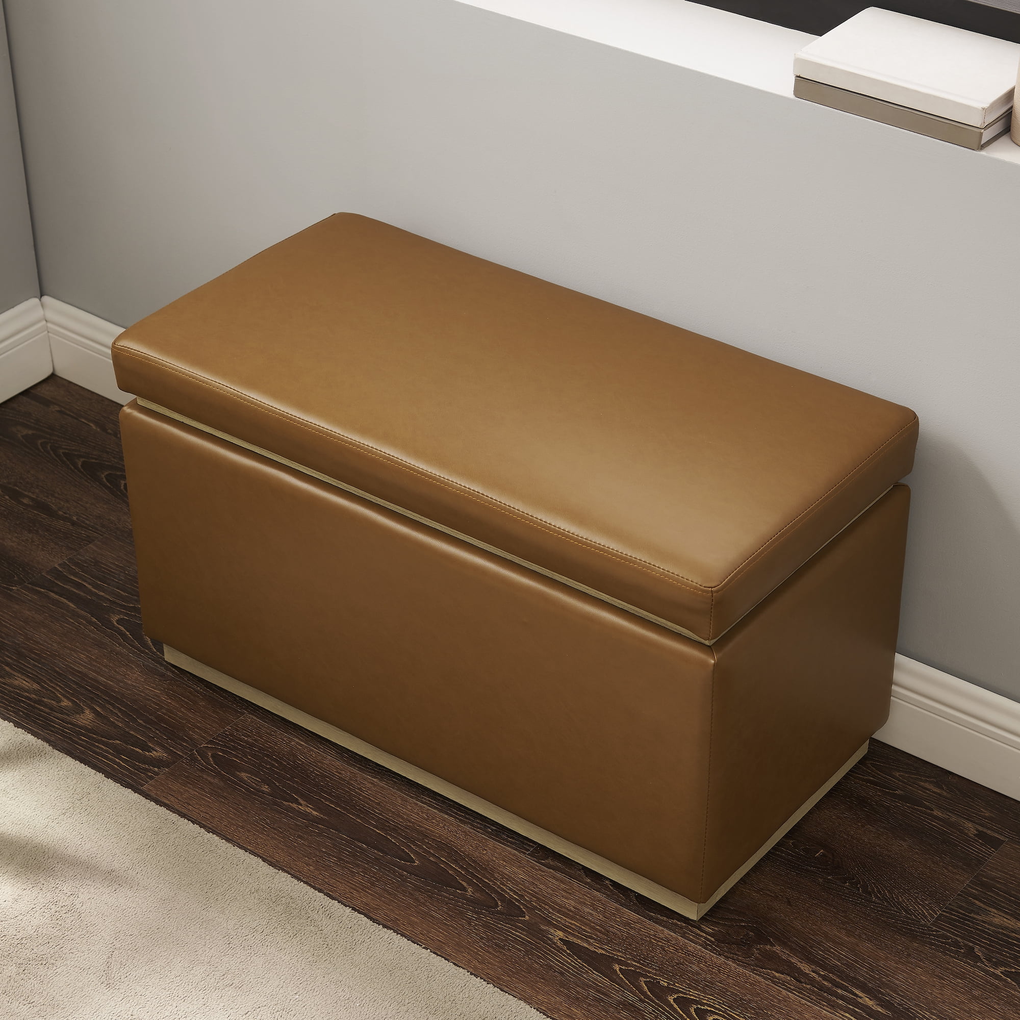 Linon Elta Rectangle Storage Ottoman, Caramel Faux Leather