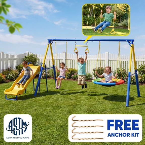 Swing Sets for Backyard,Fashionsport Outfitters Heavy-Duty Outdoor Kids Metal Swing sets for Playground,Outside Toys with Saucer Swing,Wave Slide,Belt Swing ,Trapeze Bar Ring for Kids Aged 3-12