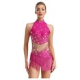 thumbnail image 1 of inlzdz Femmes Strass Franges Col Montant Sans Manches Justaucorps à Franges Robe Latin Tango Salsa Jazz Rose Vif P, 1 of 6