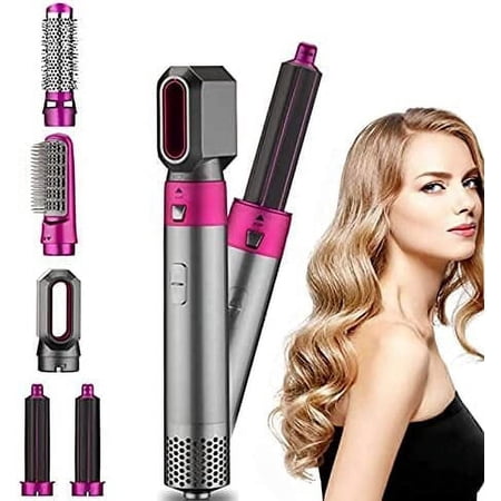 5-in-1 Electric Hair Dryer Brush - Negative Ionic Hair Styler with Detachable Brush Heads - Blow Dryer Brush for Straightening and Automatic Curling Styling, Color: GreyRed