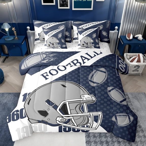 Manfei Football Game Lovers 7-Piece Twin Bedding Sets,Rugby Sport Bedding Comforter Set,Gray Deepblue White Sheet Sets For Boys Teens,Ultra Soft Home Decor Reversible