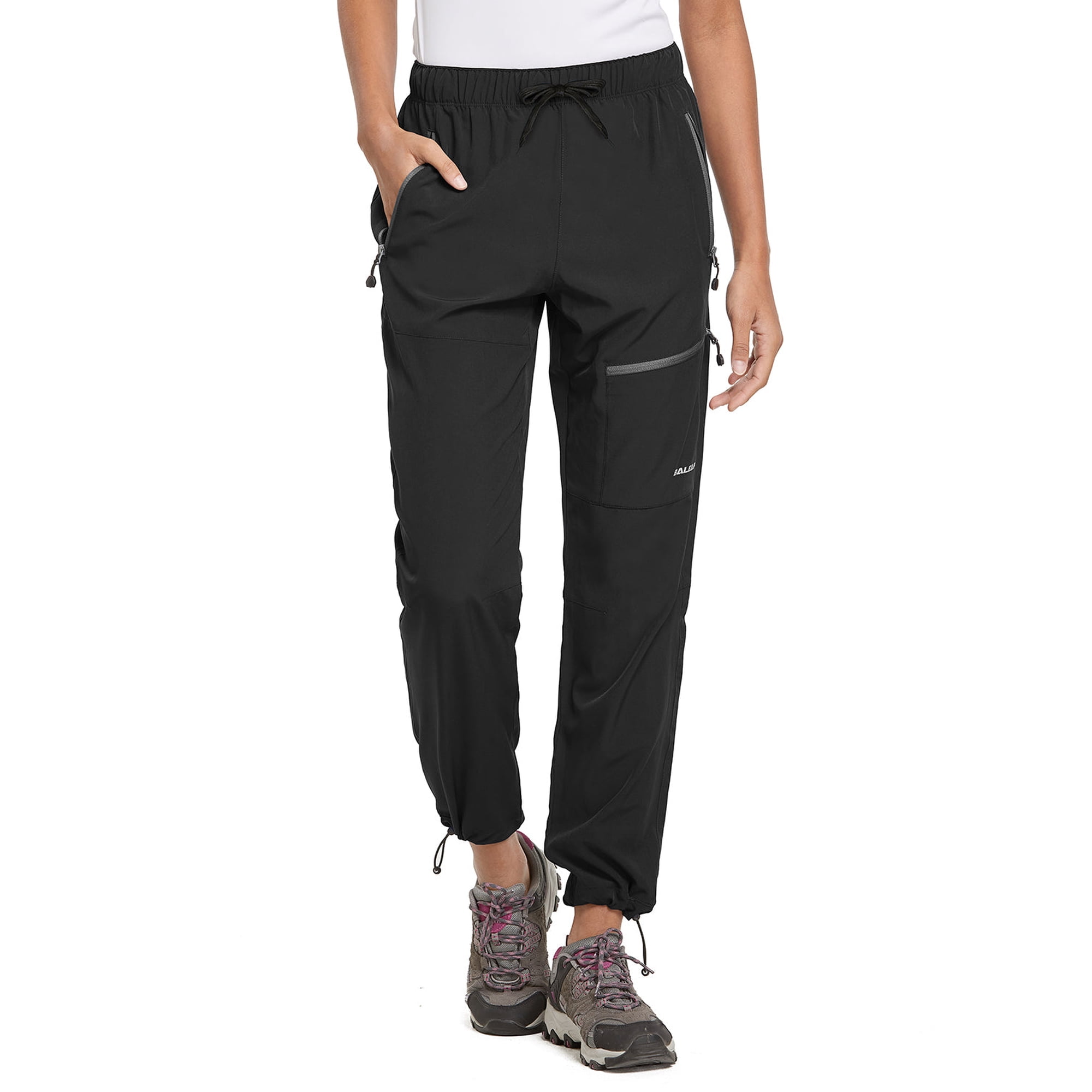 BALEAF Cargo Pants For Women Quick Dry Water Resistant With 4 Zip-Closure Pockets Elastic Waist Black Size L