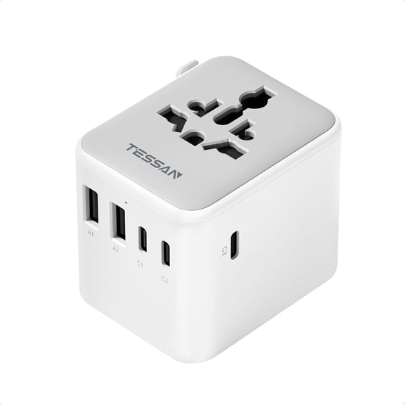 TESSAN Universal Travel Adapter, 1 AC Outlet, 3 USB-C and 2 USB-A Ports, Gray