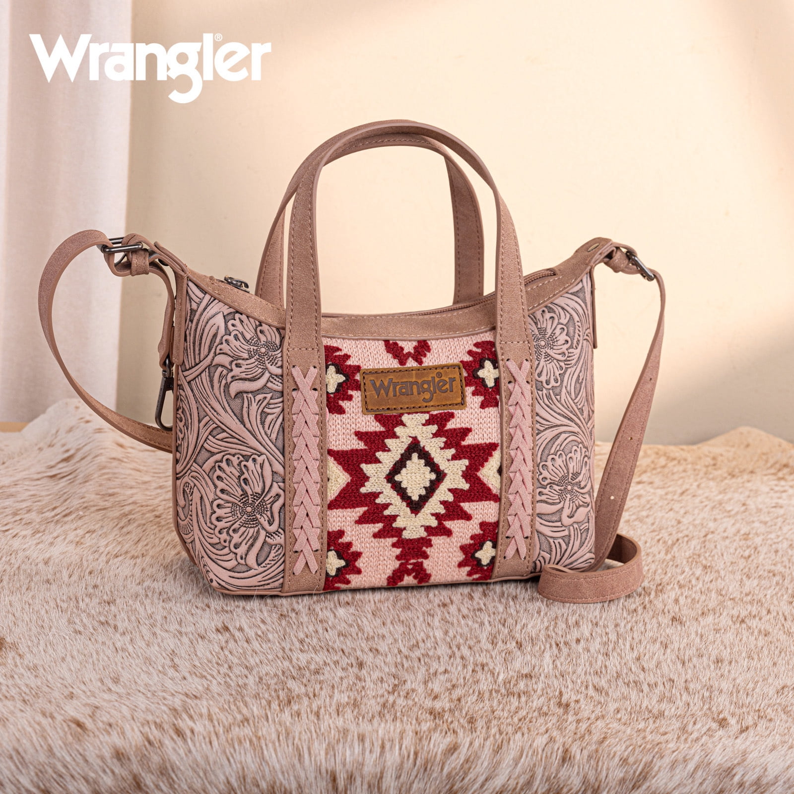 Wrangler Tooled Aztec Small Crossbody Handbag for Women Stylish Handle Bag Designer Top-Handle Crossbody Bags, Dark Pink
