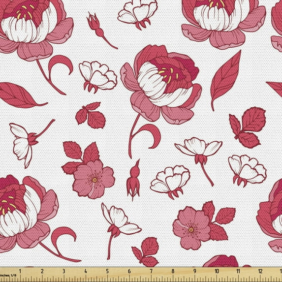 Flowers Fabric by the Yard, Floral Theme Pinkish Peonies Pattern with Leaves on Plain Background Botanical Art, Decorative Upholstery Fabric for Chairs & Home Accents, Multicolor by Ambesonne