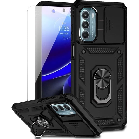for Moto G Stylus 5G 2022 Case with Slide Camera Cover HD Screen Protector [Military Grade Drop Tested] Magnetic Ring Holder Kickstand Protective Phone Case for Motorola Moto G Stylus 5G 2022, Black