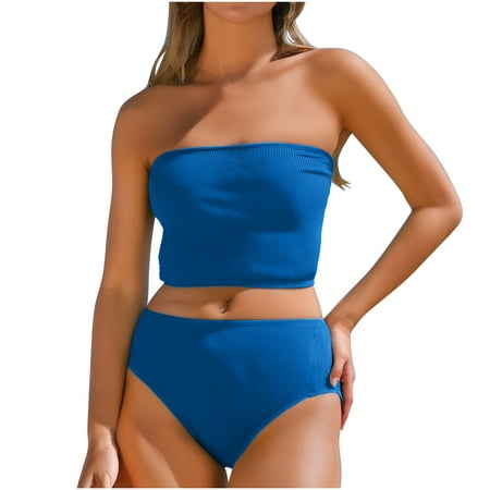 Arnsht Women s High Waisted Bikini Swimsuit Two Piece Strapless Cheeky Bathing Suits Soft Comfortable Breathable Beachwear Blue XL