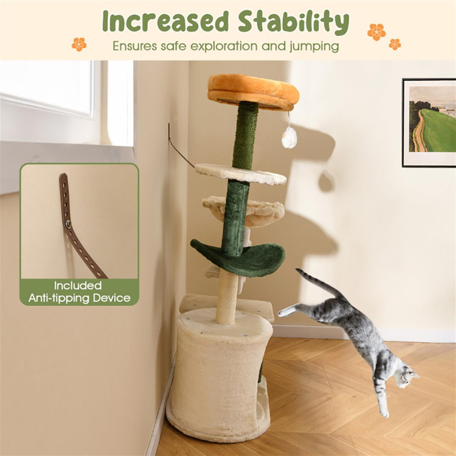 Kadyn 71" Cat Tree Tower with Hammock for Indoor Cats, Cute Flower Cat Tree House with Scratching Posts and Dangling Ball, Beige